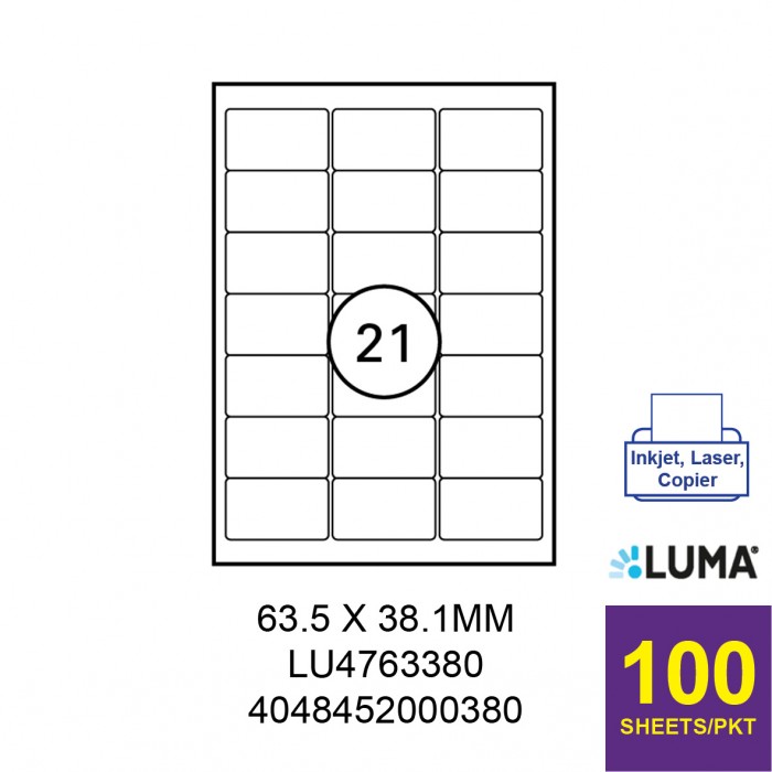 LUMA LU4763380 LABEL FOR INKJET / LASER / COPIER 100 SHEETS/PKT WHITE 63.5X38.1MM